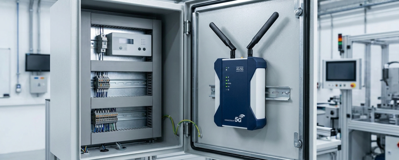 Router industrial 4G/5G montat pe șină DIN într-un dulap electric