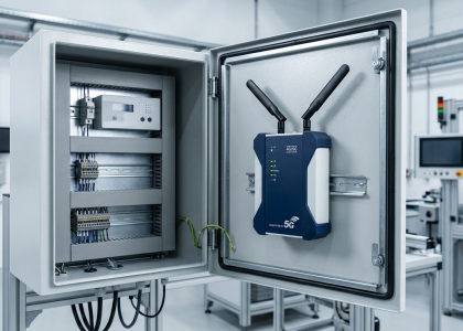 Router industrial 4G/5G montat pe șină DIN într-un dulap electric